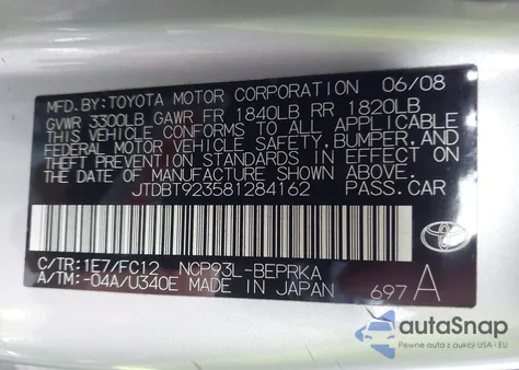 2008 Toyota Yaris from USA, damaged, VIN JTDBT923581284162